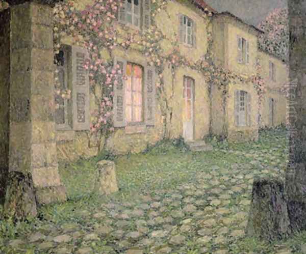 House with Roses at Dusk Oil Painting by Henri Eugene Augustin Le Sidaner