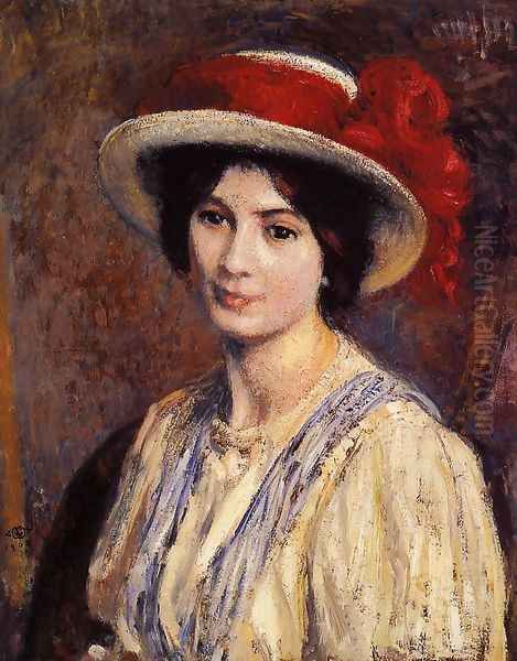 Hat with a Red Ribbon Oil Painting by Georges Lemmen