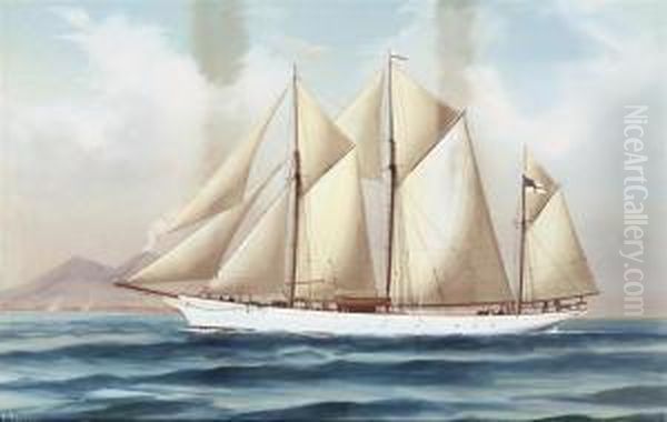 The Royal Yacht Squadron's Schooner 
Fantome 
 In Full Sail Offnaples Oil Painting by Antonio de Simone