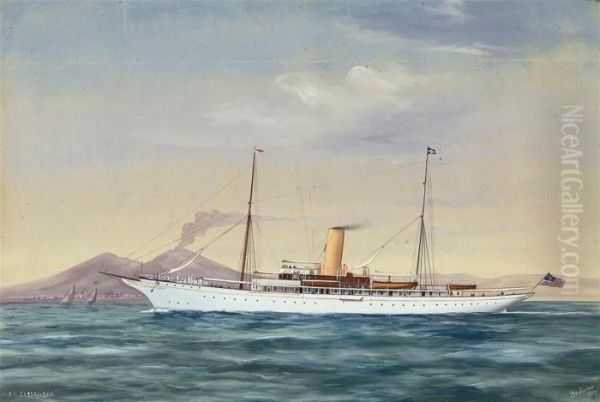 The American Steam Yacht 
Cassandra 
 Cruising In Mediterraneanwaters Off Naples Oil Painting by Antonio de Simone