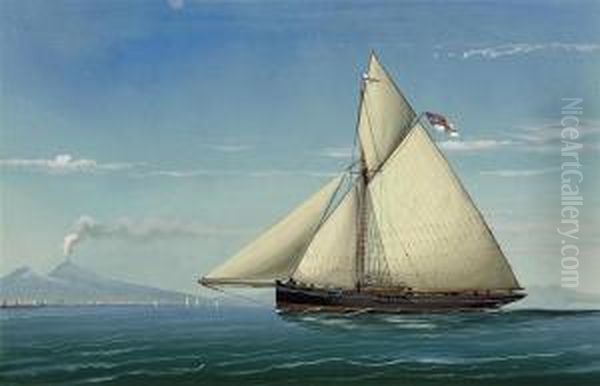 A Royal Yacht Squadron Cutter Powering Along In The Bay Ofnaples Oil Painting by Antonio de Simone