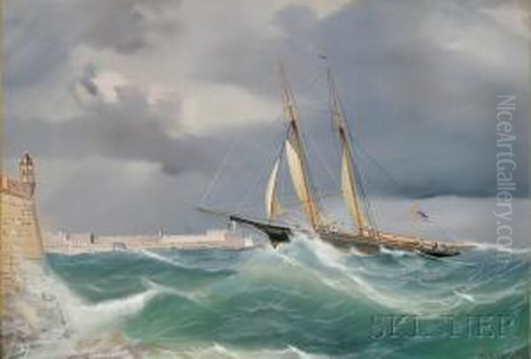 Portrait Of An American Schooner Yacht Entering Valletta Harbor, Malta. Oil Painting by Antonio de Simone