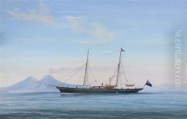 A British Steam Yacht In The Bay Of Naples, With Vesuvius Beyond Oil Painting by Antonio de Simone