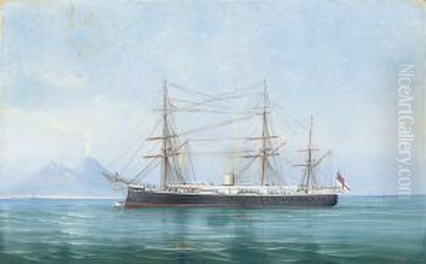 An Armoured Cruiser Lying In The Bay Of Naples Oil Painting by Antonio de Simone