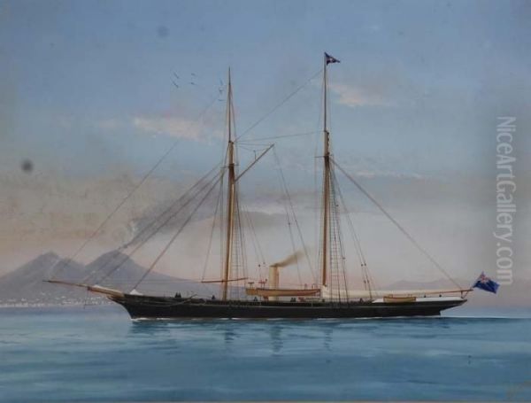 Ritrattodi Steam Yacht In Navigazione Al Largo Di Napoli Oil Painting by Antonio de Simone