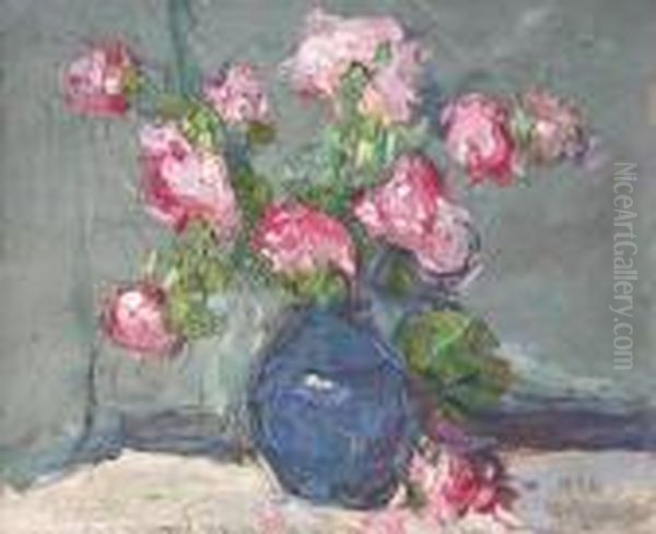 Bouquet De Roses Dans Un Vase Bleu by Vladimir De Terlikowski