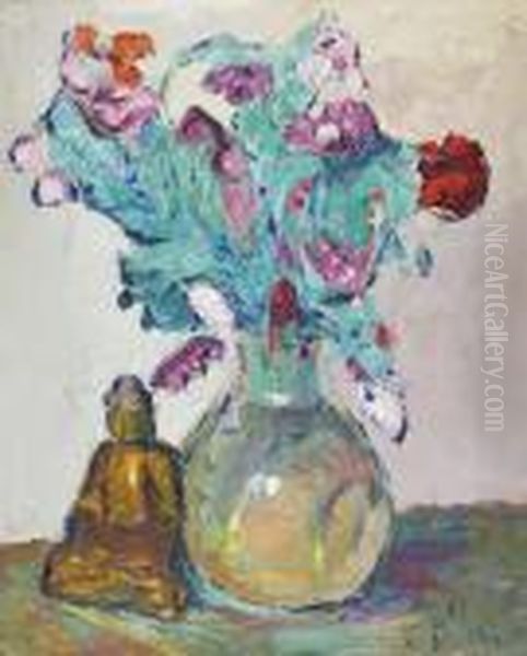 Nature Morte Au Bouquet De Fleurs Et Au Boudha En Bronze Oil Painting by Vladimir De Terlikowski