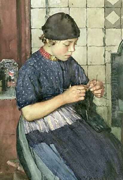 Girl Knitting Oil Painting by Walter Langley