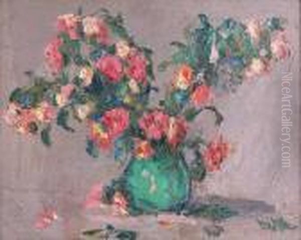 Bouquet De Roses Dans Un Vase Vert, Au Dos, Portrait Defemme Oil Painting by Vladimir De Terlikowski