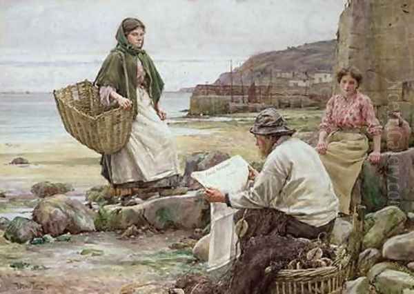 Newlyn Catching up with the Cornish Telegraph Oil Painting by Walter Langley