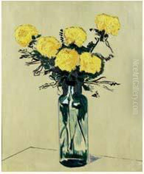 Bouquet De Fleurs Jaunes Sur Fond Gris Oil Painting by Vladimir De Terlikowski