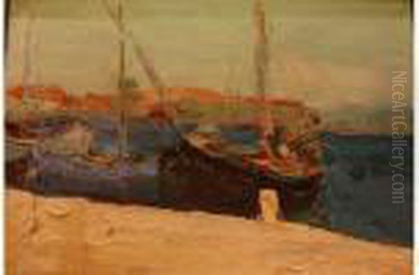 Barques De Peche A Quai Oil Painting by Vladimir De Terlikowski