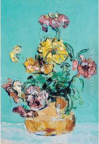 Fleurs Sur Un Fond Bleu (1938) Oil Painting by Vladimir De Terlikowski