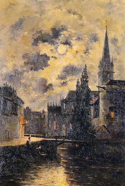 A Moonlit Canal Oil Painting by Stanislas Lepine