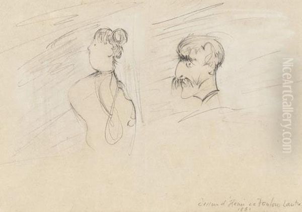 2 Caricature Sketches Of A Matronly Woman And Moustachioedelderly Man On One Sheet Oil Painting by Henri De Toulouse-Lautrec