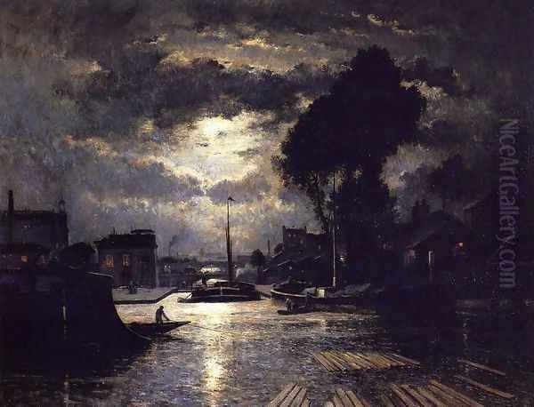 Canal in Saint-Denis - Effect of Moonlight Oil Painting by Stanislas Lepine