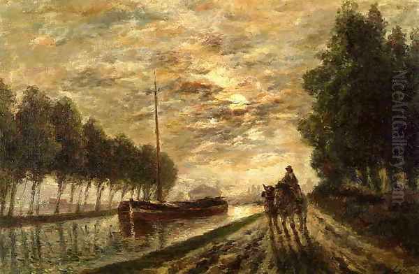 The Ourcq Canal, Towpath, Moonlight Oil Painting by Stanislas Lepine