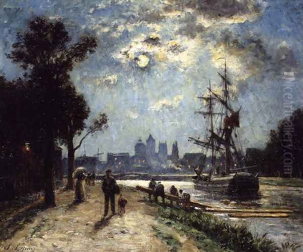 Caen, Le Long de l'Orne peint depuis le cours Caffarelli, effet de lune Oil Painting by Stanislas Lepine