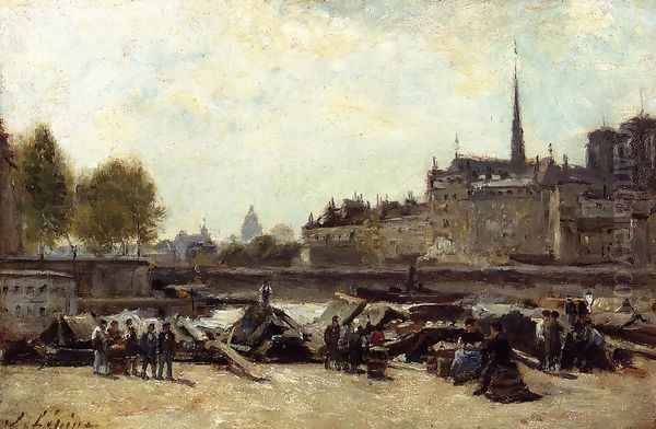 The Apple Marker, Quai de Gesvres and Quay de l'Hotel de Ville, near Pont d'Arcole Oil Painting by Stanislas Lepine