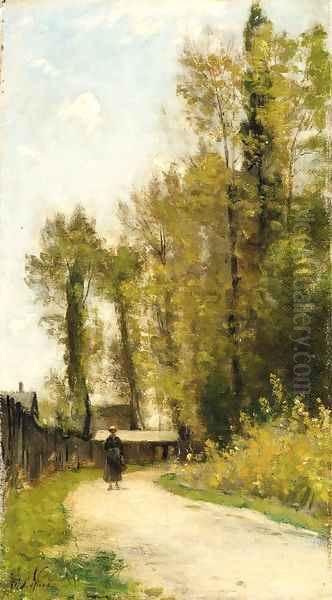 Paysanne sur un Chemin Sortie de village Oil Painting by Stanislas Lepine