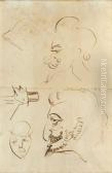 Deux Visages De Profil Et Trois Croquis Oil Painting by Henri De Toulouse-Lautrec