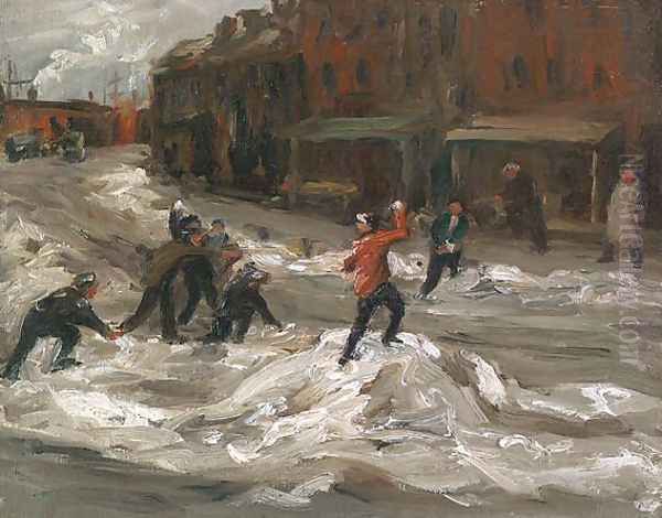 Children Throwing Snowballs Oil Painting by George Luks