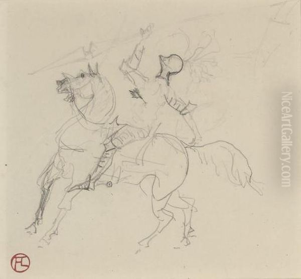 Chevalier (recto); Croquis (verso) Oil Painting by Henri De Toulouse-Lautrec