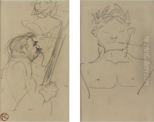 Vieilles Histoires, Portrait De 
Desire Dihau Jouant Du Basson And Buste Laure: A Double-sided Drawing, 
D.3.381-d.3.382 Oil Painting by Henri De Toulouse-Lautrec