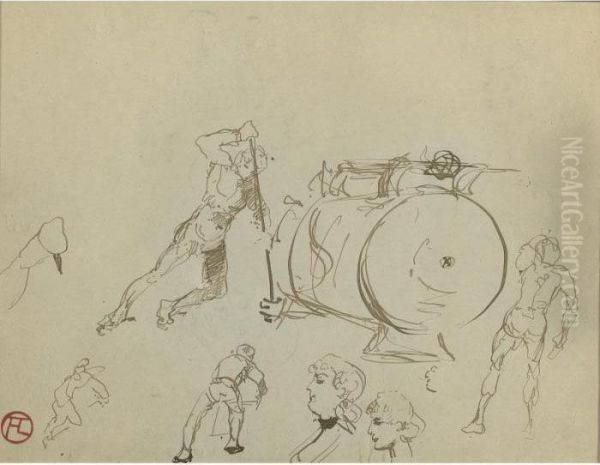 Croquis; Silhouettes Et Tetes: A Double-sided Drawing Oil Painting by Henri De Toulouse-Lautrec