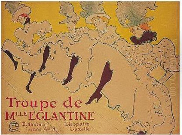 La Troupe De Mademoiselle Eglantine (w. Posters 21c) Oil Painting by Henri De Toulouse-Lautrec