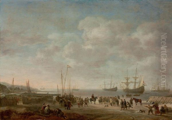 A Beach Scene With Prisoners 
Being Offloaded From Warships Beyond,fishermen In Dunes Nearby Oil Painting by Simon De Vlieger