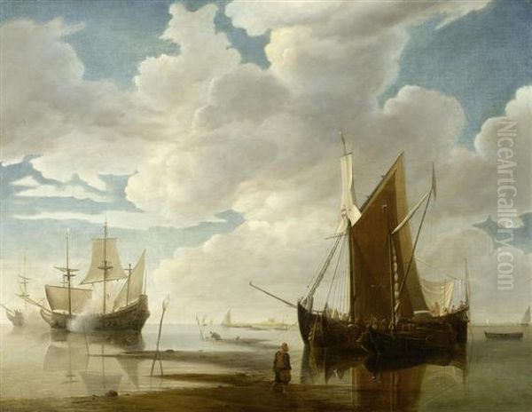 Boats In The Reedswith Fishermen Oil Painting by Simon De Vlieger