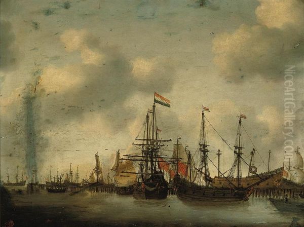 Dutch Men-o'-war And Other Shipping In A Harbour Oil Painting by Simon De Vlieger