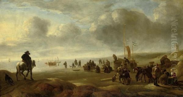 An Extensive Coastal Landscape With Fishermen On The Shore Oil Painting by Simon De Vlieger