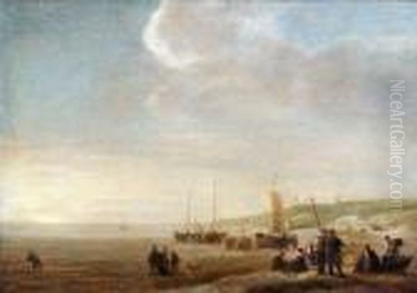 Strandansicht Mit Figurenstaffage Bei Sonnenuntergang Oil Painting by Simon De Vlieger