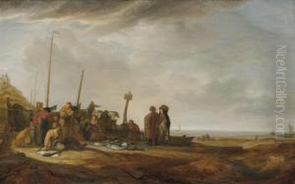 Dunen- Und Strandansicht Mit Leuchtturm Und Fischern Oil Painting by Simon De Vlieger