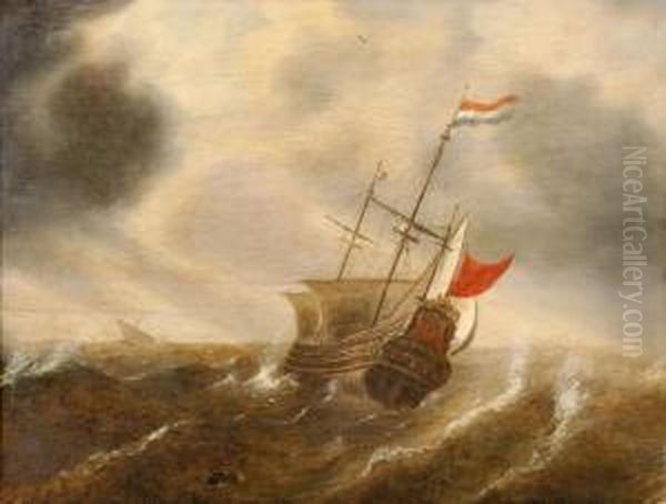 Hollands Oorlogsschip Met Deels 
Gestreken Zeilen Op Stormachtige Zee, Rechts Aan De Horizon Een 
Zeilschip Oil Painting by Simon De Vlieger