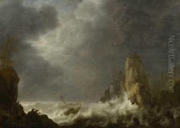 Schiffbruch Im Sturm Vor Felsiger Meereskuste. Oil Painting by Simon De Vlieger