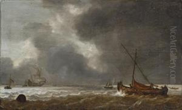 A Fishing Boat On A Choppy Sea Off The Coast Oil Painting by Simon De Vlieger