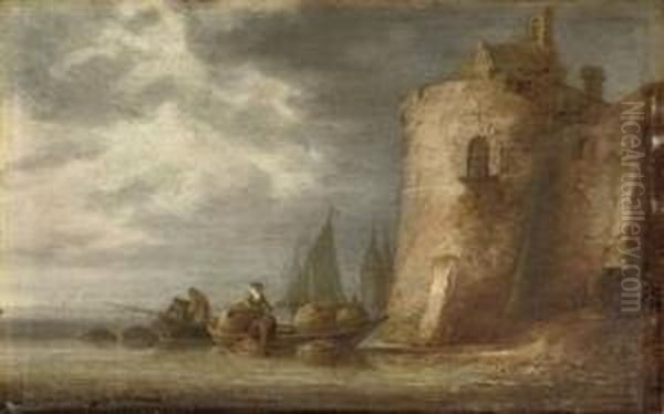 A River Landscape With Fishermen In A Boat Near A Ruined Tower by Simon De Vlieger