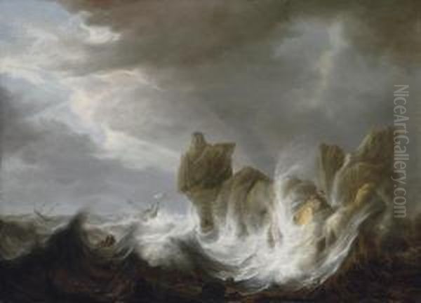 Shipwreck On A Rocky Coast Oil Painting by Simon De Vlieger