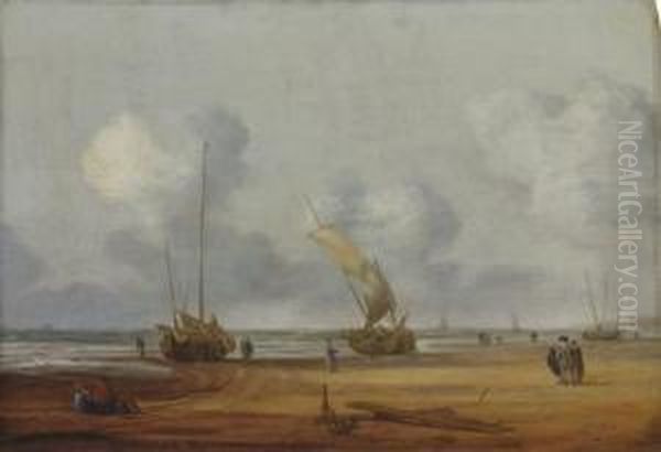 A Coastal Landscape With Fishing Boats Beached At Low Tide by Simon De Vlieger