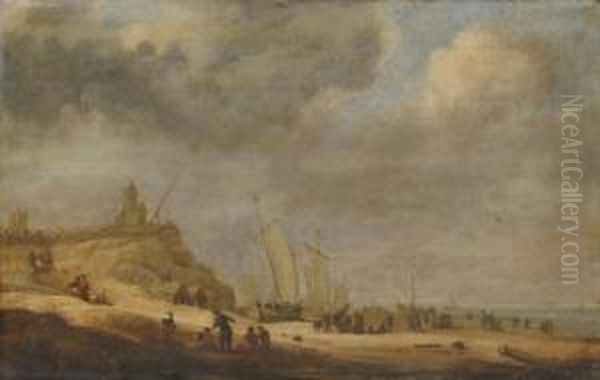 Fishermen Unloading Their Catch On A Beach, A Town Beyond Oil Painting by Simon De Vlieger