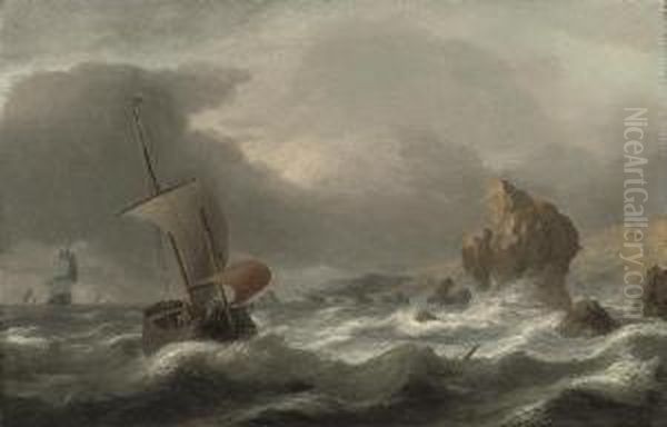 A Rocky Coastline With Shipping In Choppy Seas Oil Painting by Simon De Vlieger