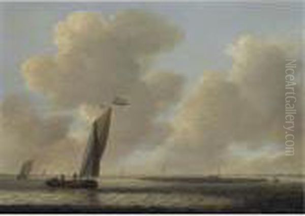 A Dutch Boeier In A Calm Sea, Off The Coast Oil Painting by Simon De Vlieger