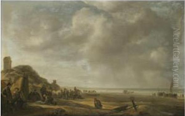 A Beach Scene On The North Sea Coast Of Holland, With Fishermen Displaying Their Catch Oil Painting by Simon De Vlieger