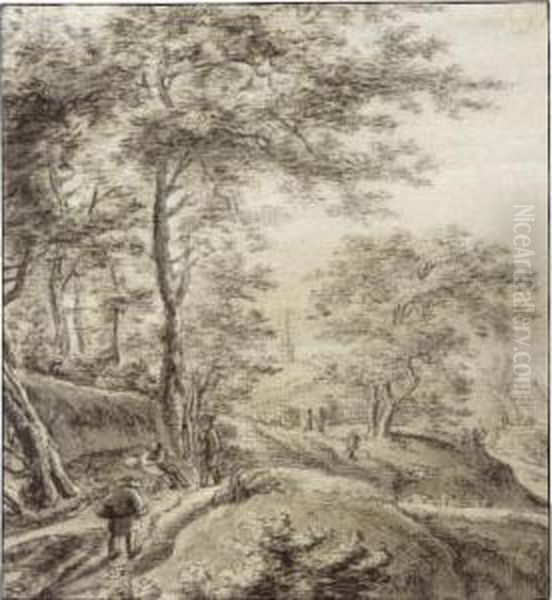 Wooded Landscape With Figures On A Path, A Church Behind Oil Painting by Simon De Vlieger