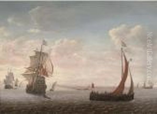 Dutch Men-o'-war And Other Shipping In A Calm Oil Painting by Simon De Vlieger