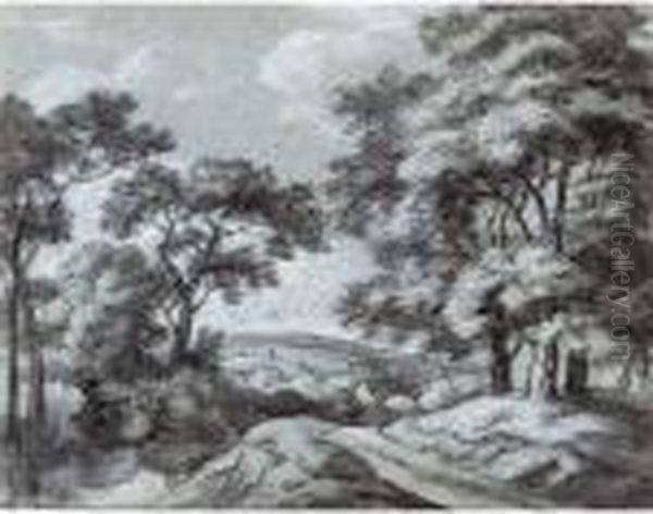 A Wooded Landscape With A Path Running Along A River Oil Painting by Simon De Vlieger