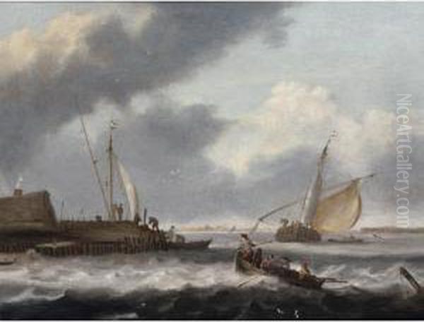 Shipping In Choppy Waters Near A Quay Oil Painting by Simon De Vlieger